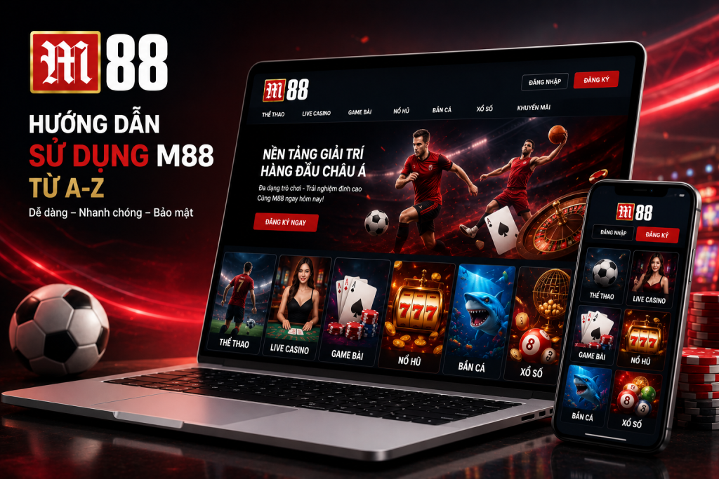 Giao diện tổng hợp M88 trên laptop và điện thoại